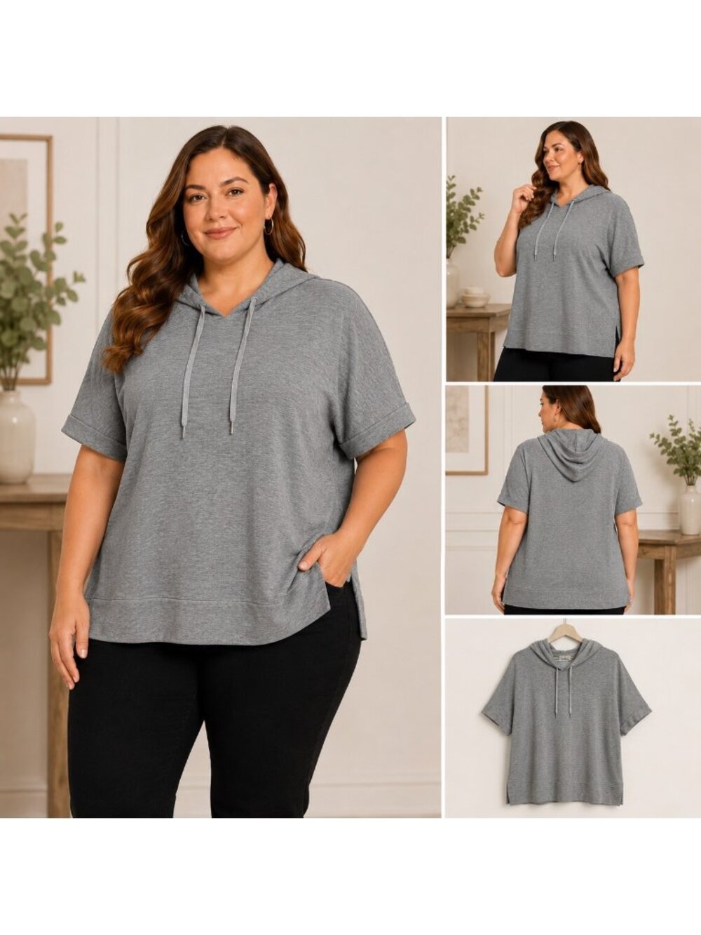 Gloria Vanderbilt Womens Lightweight Gray Hoodie Top 2X Short Sleeve Casual